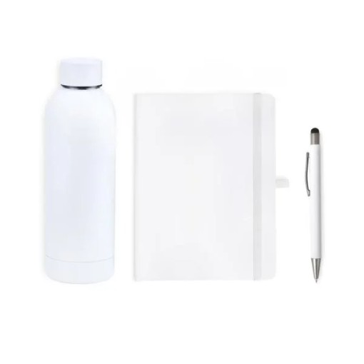 Kit Garrafa, Caderno E Caneta - Branco - 3 Pçs Personalizado