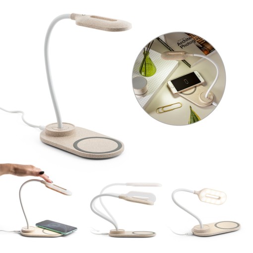 Luminária de mesa com carregador por indução (wireless) super-rápido (15W) em ABS e fibra de palha de trigo Personalizada