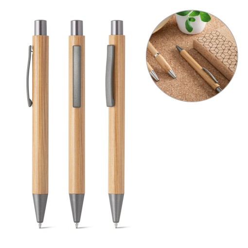 Esferográfica em bambu com escrita em azul Personalizada