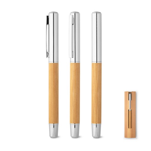 Roller em aço inox 90% reciclado e bambu com tampa e escrita em azul Personalizado