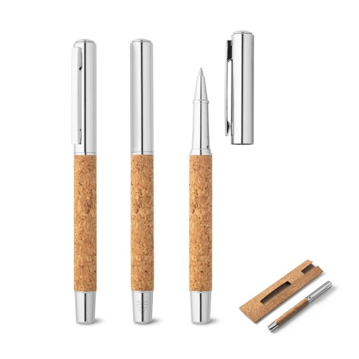 Roller com corpo em aço inox 90% reciclado e cortiça com escrita em azul Personalizado