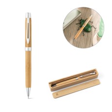 Esferográfica em bambu com escrita em azul Personalizada